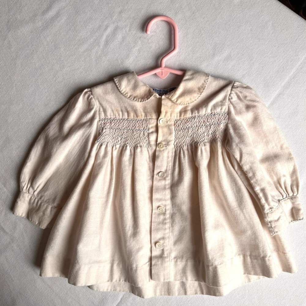 Vintage Clydella England Smocked Baby Blouse Lt Pink Wool Blend Peter Pan Collar